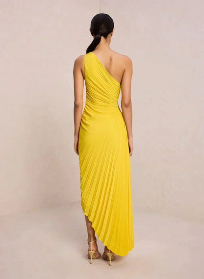 Sylviana - Ein-Schulter Plissiertes Midi-Kleid