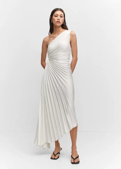 Sylviana - Ein-Schulter Plissiertes Midi-Kleid