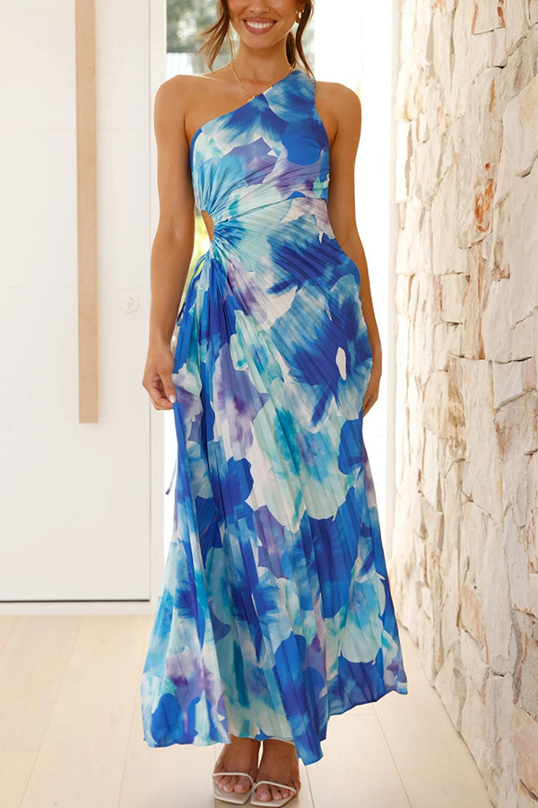 Deja -  Blumenmuster  Ein-Schulter Falten Maxi Kleid